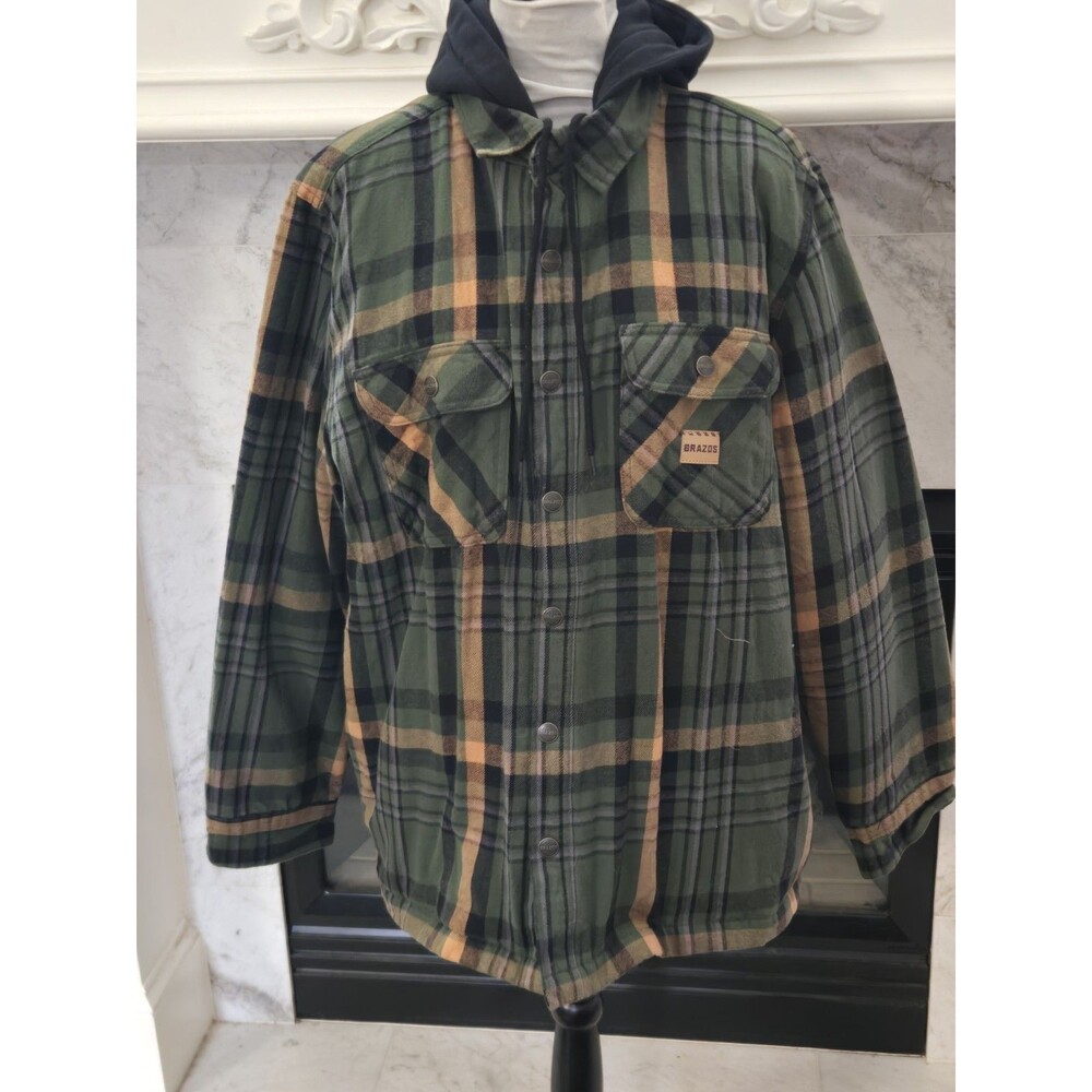 Brazos Men’s XL Green Plaid Hooded Lined Shirt Jacket with Pockets /Snap Closure